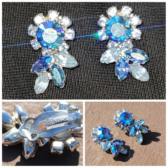 Vtg Sherman Signed Aurora Borealis Rhinestone Clip On Earrings - Picture 1 of 5